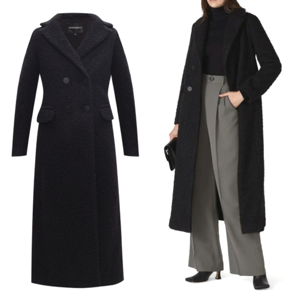 Emporio Armani Duster Coat Black Boucle Wool Double Breasted 6H2L64 XS